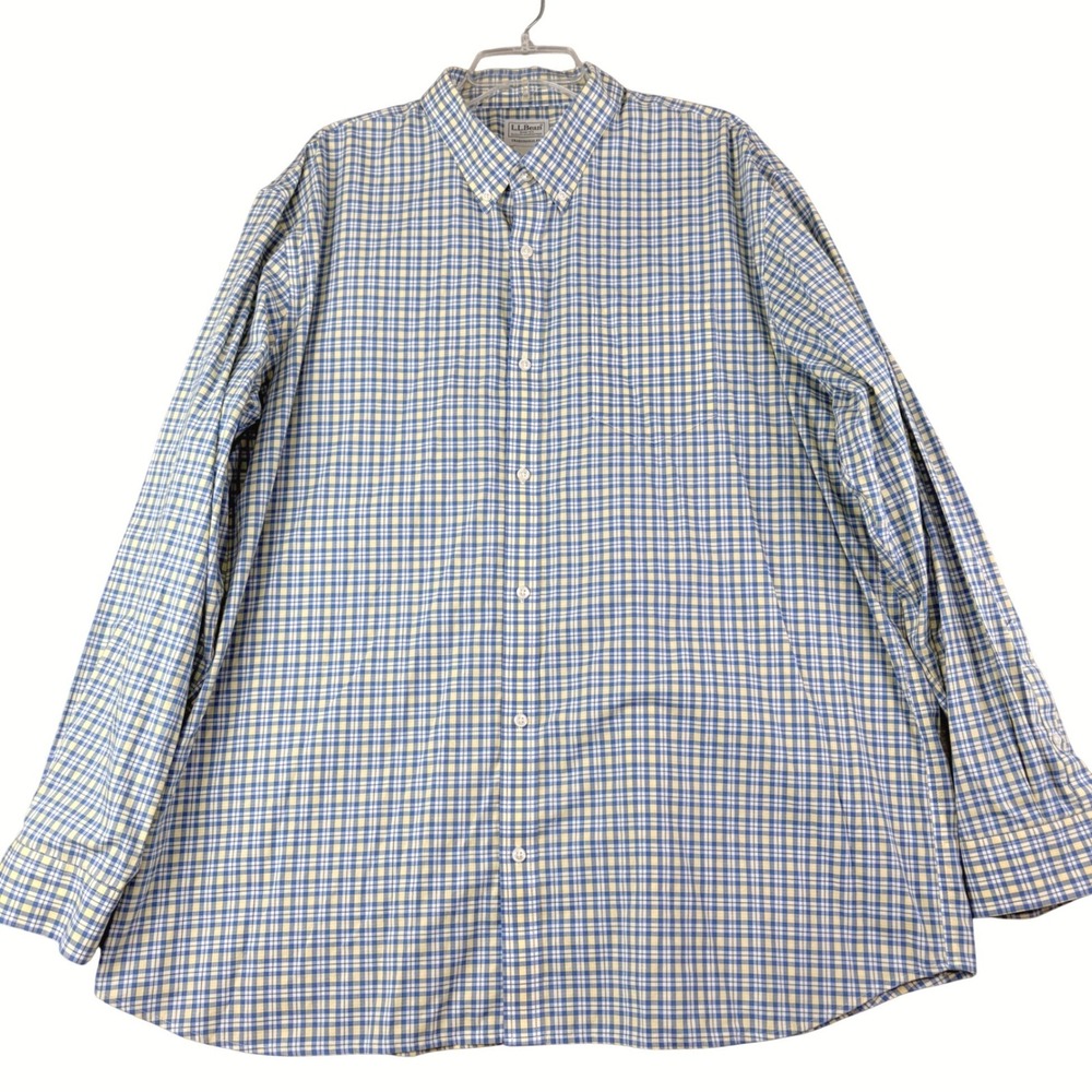LL Bean XXL Blue Yellow Plaid Cotton Button Down Shirt Traditional Fit 288292
